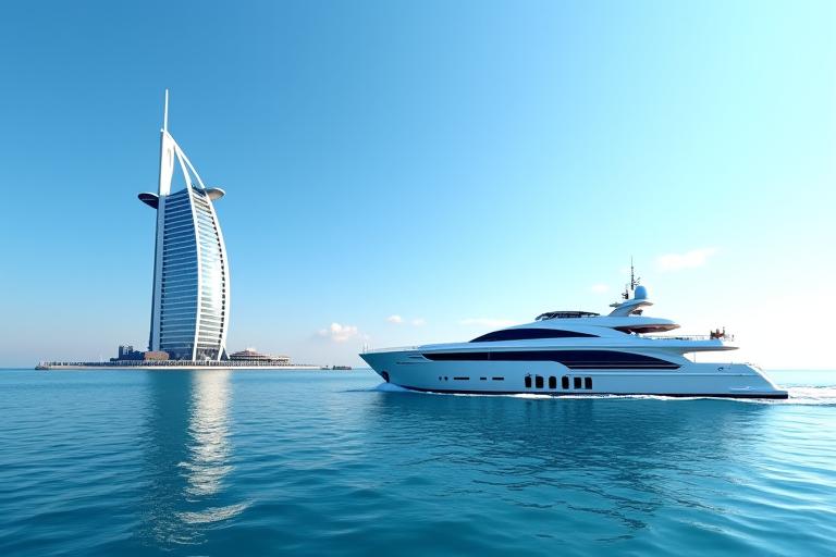 Luxury yacht sailing near the Burj Al Arab hotel