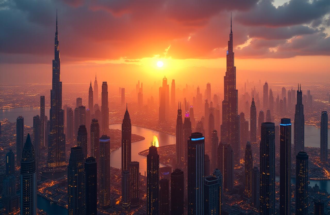 Panoramic view of the Dubai skyline at sunset